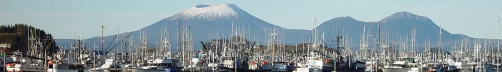 Mount Edgecumbe stands over a harbor in Sitka, Alaska